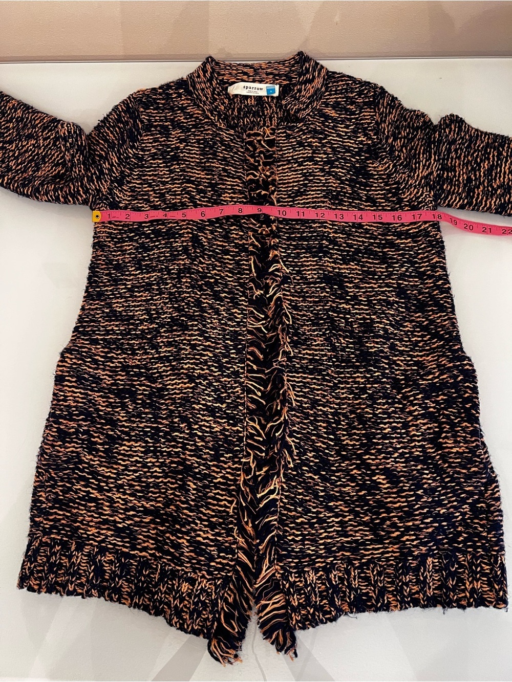 Anthropologie Sparrow Marled Peat Linen Wool Fringe Cardigan Sweater S - Picture 13 of 16